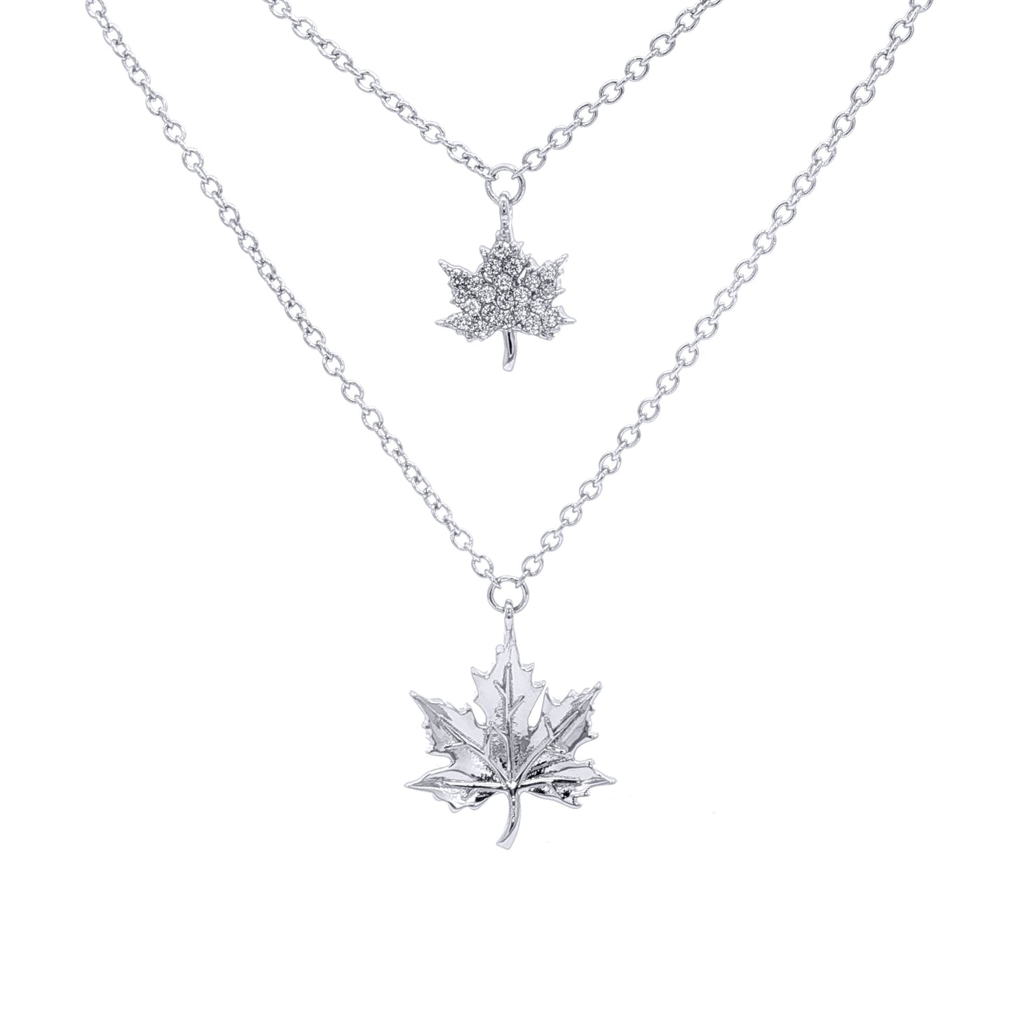 Silver  CZ Double Strand Canada Maple Leaf Charm Necklace - GVK271