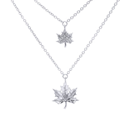 Silver  CZ Double Strand Canada Maple Leaf Charm Necklace - GVK271