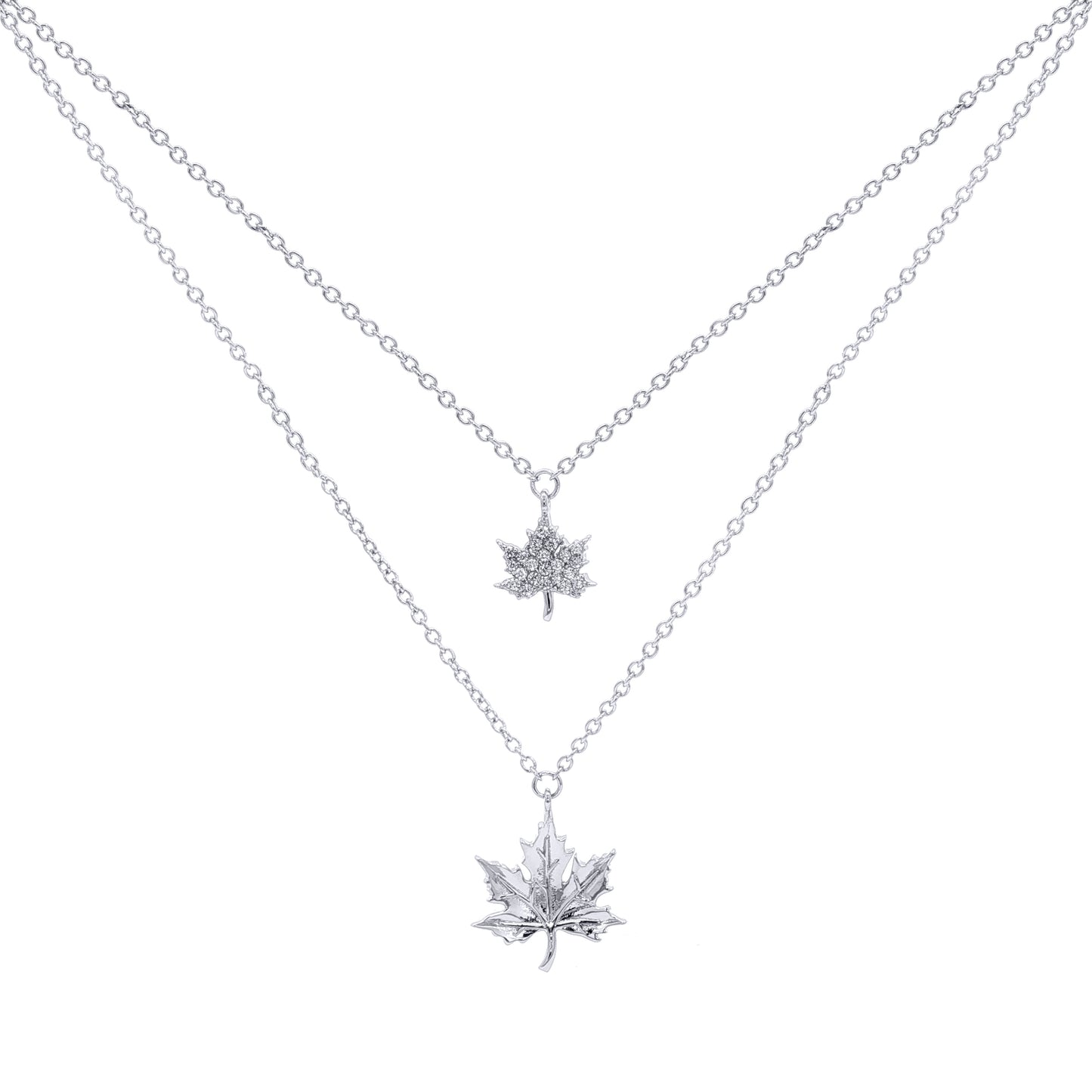 Silver  CZ Double Strand Canada Maple Leaf Charm Necklace - GVK271