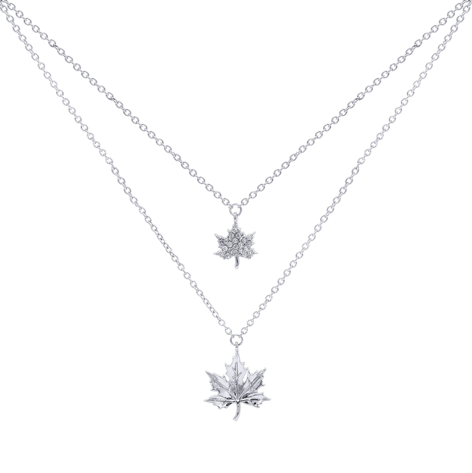 Silver  CZ Double Strand Canada Maple Leaf Charm Necklace - GVK271