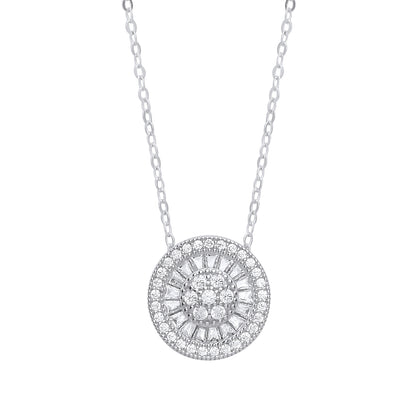 Silver  Baguette CZ Sunburst Halo Cluster Necklace 17 inch - GVK272