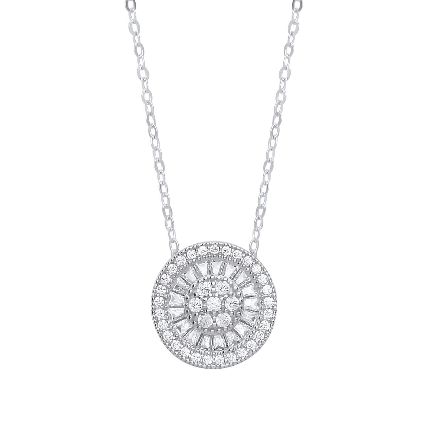 Silver  Baguette CZ Sunburst Halo Cluster Necklace 17 inch - GVK272