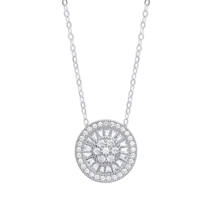 Silver  Baguette CZ Sunburst Halo Cluster Necklace 17 inch - GVK272