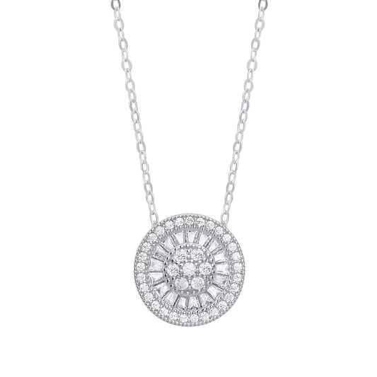 Silver  Baguette CZ Sunburst Halo Cluster Necklace 17 inch - GVK272