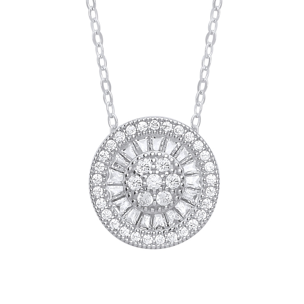 Silver  Baguette CZ Sunburst Halo Cluster Necklace 17 inch - GVK272