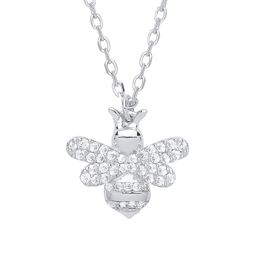 Silver  CZ Honey Queen Bee Charm Necklace 16 inch - GVK273