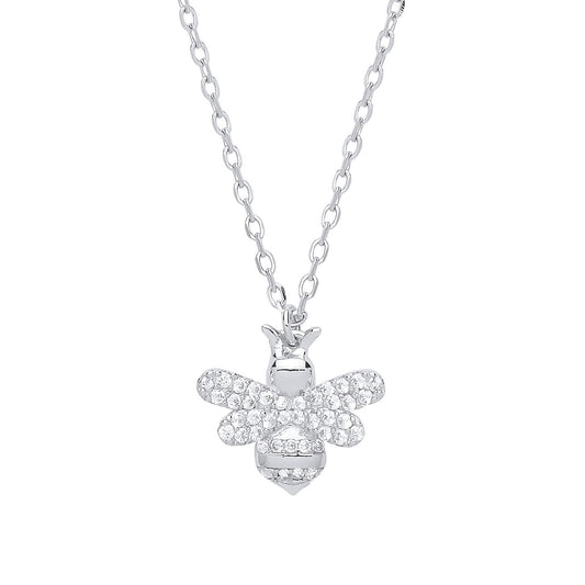 Silver  CZ Honey Queen Bee Charm Necklace 16 inch - GVK273
