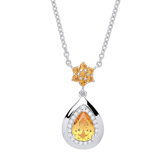 Silver  Golden Yellow Pear CZ Honey Pendant Necklace 16 inch - GVK274