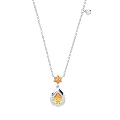 Silver  Golden Yellow Pear CZ Honey Pendant Necklace 16 inch - GVK274