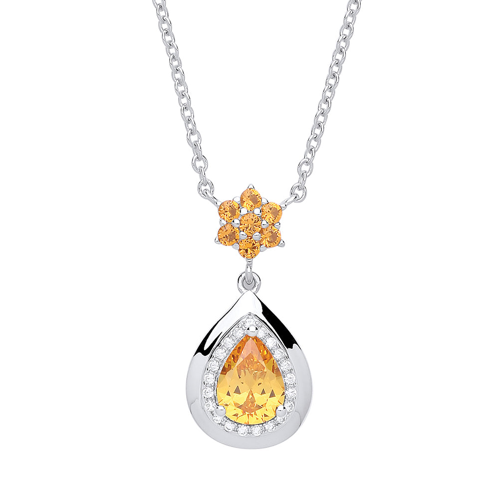 Silver  Golden Yellow Pear CZ Honey Pendant Necklace 16 inch - GVK274