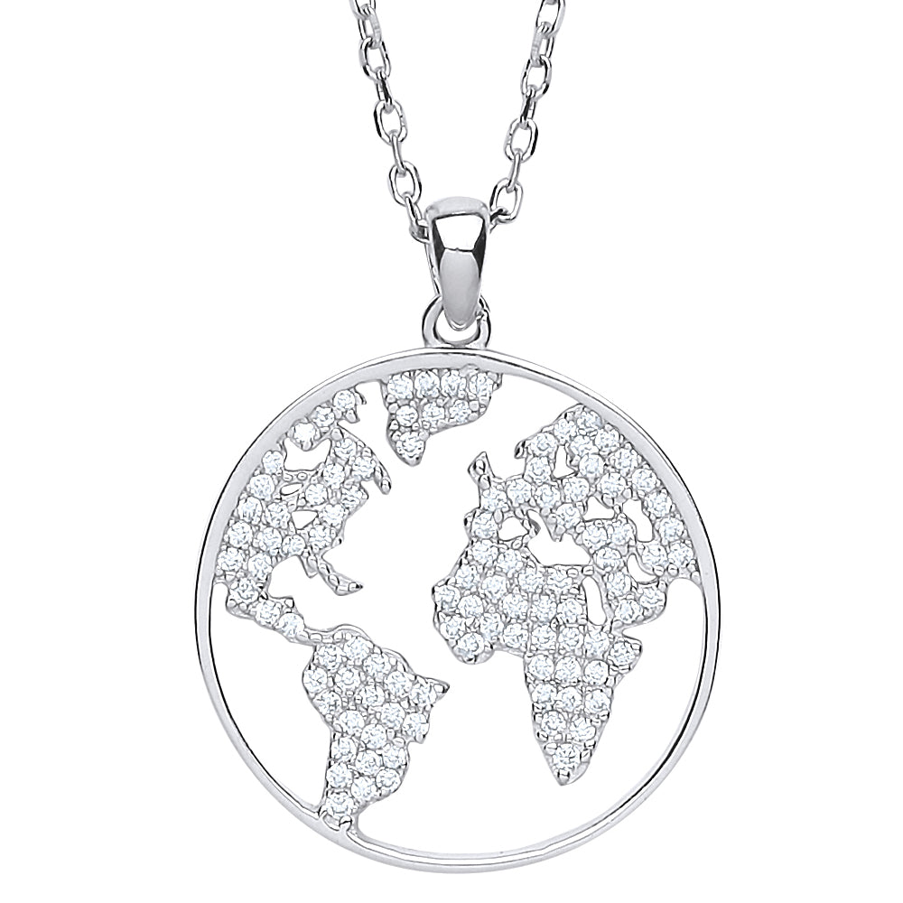 Silver  CZ Pave World Atlas Pendant Necklace 16 inch - GVK276