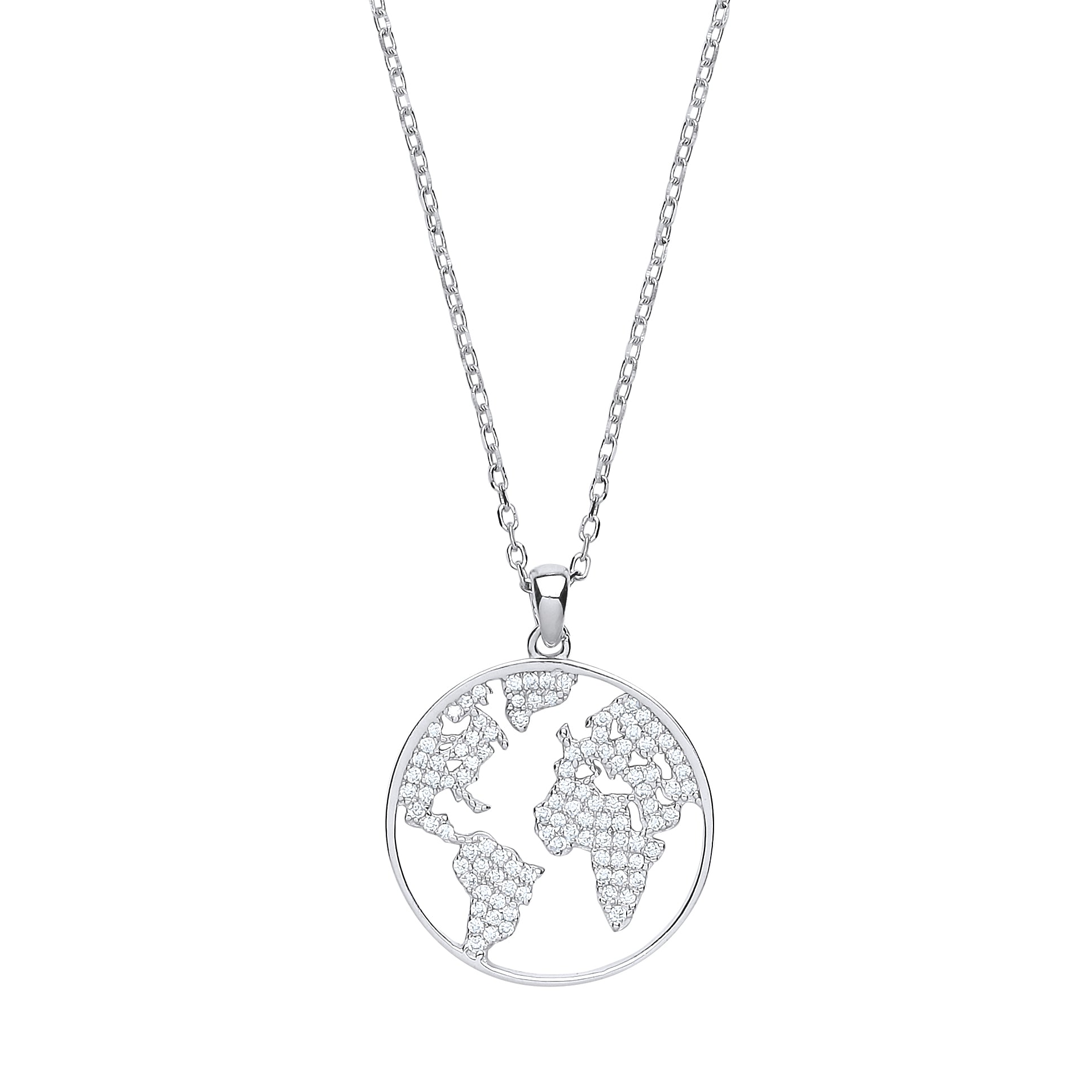 Silver  CZ Pave World Atlas Pendant Necklace 16 inch - GVK276