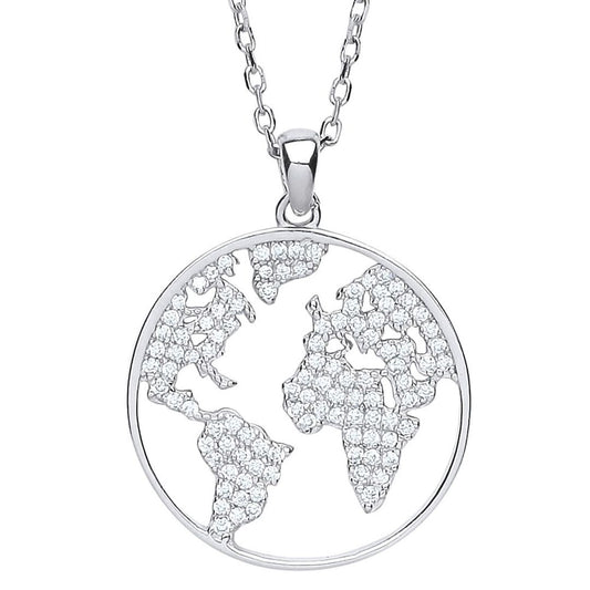 Silver CZ Pave World Atlas Pendant Necklace 16 inch - GVK276