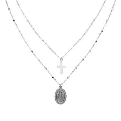 Silver  Religious Cross Medallion Bead Necklace 20 inch - GVK286