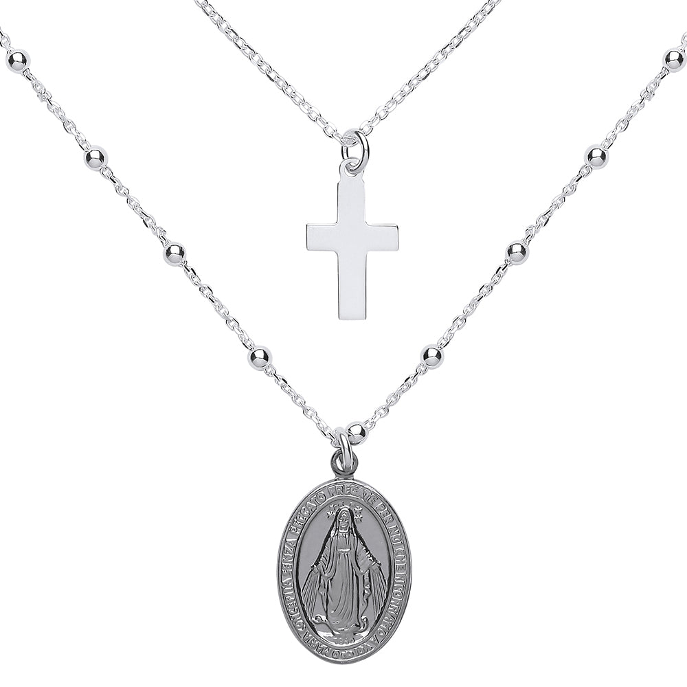 Silver  Religious Cross Medallion Bead Necklace 20 inch - GVK286