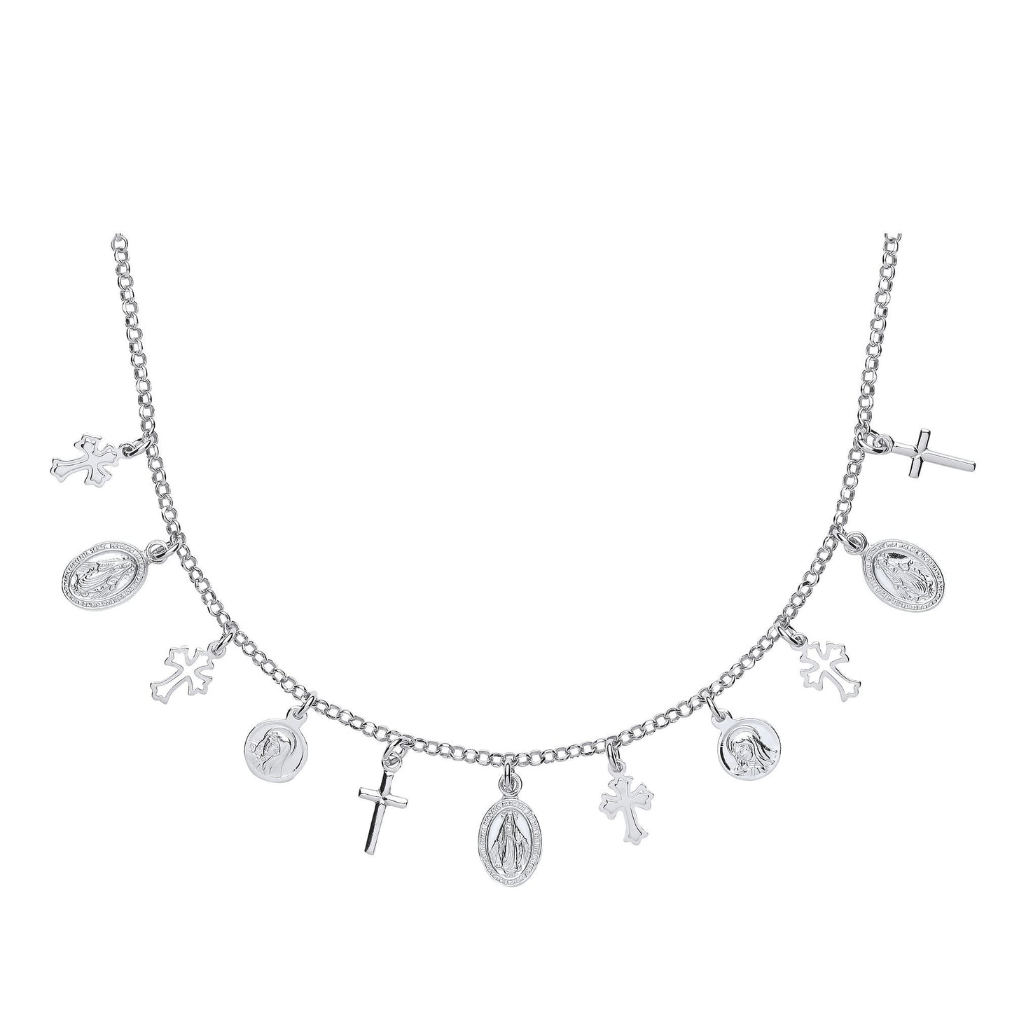 Silver  Religious Cross Medallion Charm Necklace 16 inch - GVK287