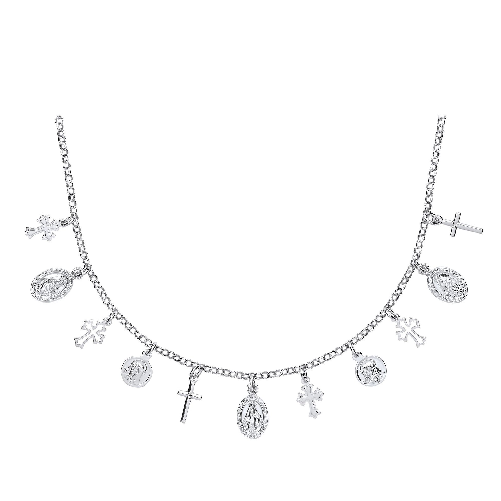 Silver  Religious Cross Medallion Charm Necklace 16 inch - GVK287
