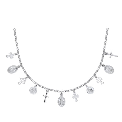 Silver  Religious Cross Medallion Charm Necklace 16 inch - GVK287
