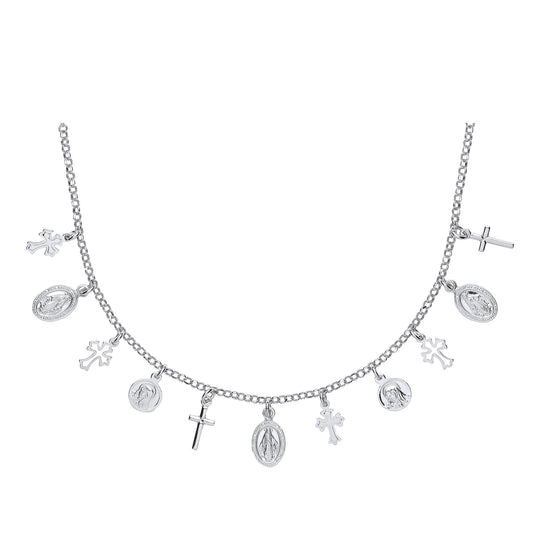 Silver  Religious Cross Medallion Charm Necklace 16 inch - GVK287