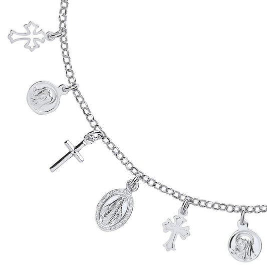 Silver  Religious Cross Medallion Charm Necklace 16 inch - GVK287