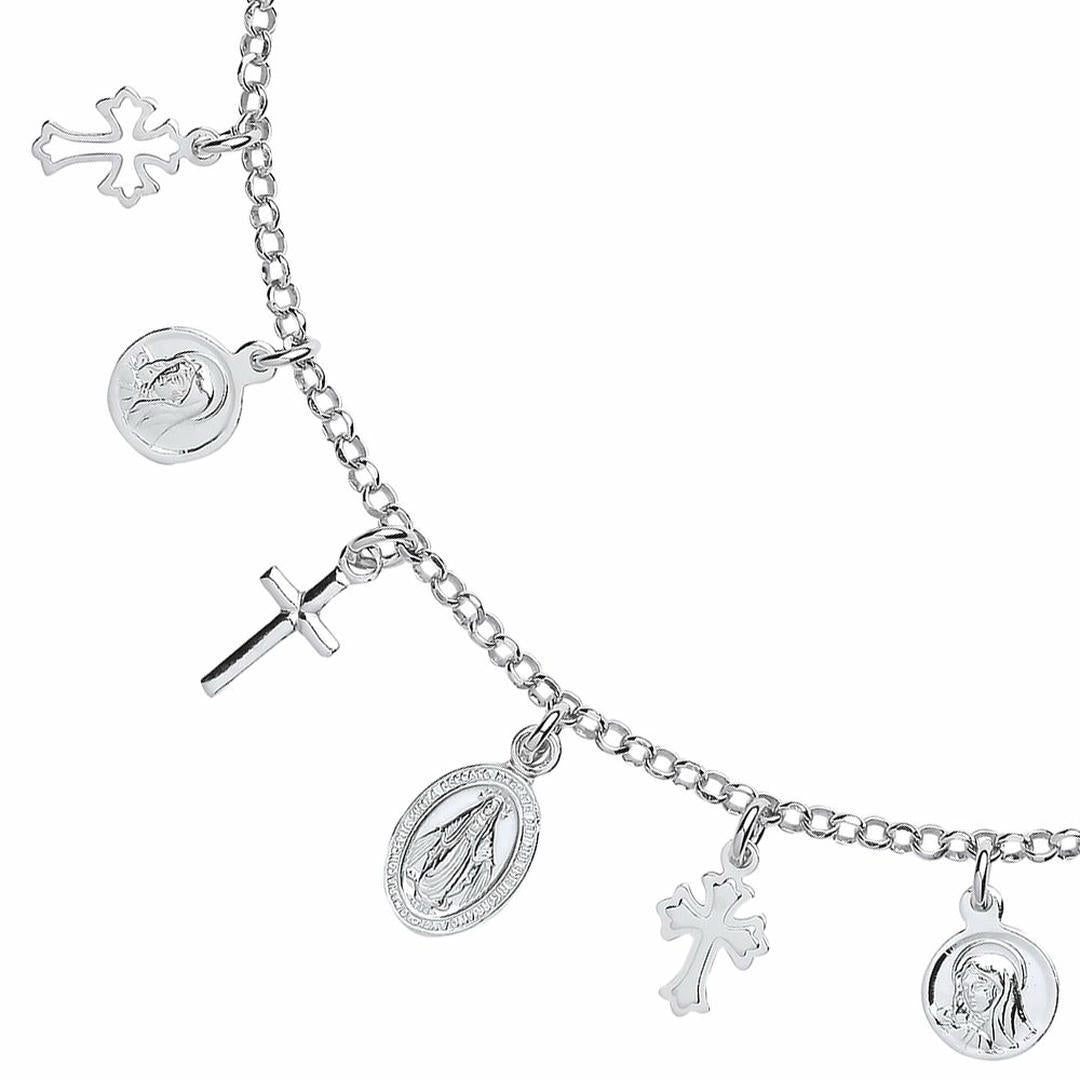 Silver  Religious Cross Medallion Charm Necklace 16 inch - GVK287