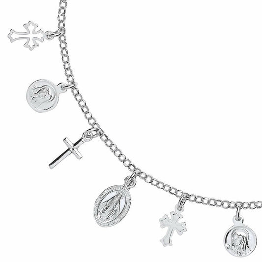 Silver  Religious Cross Medallion Charm Necklace 16 inch - GVK287