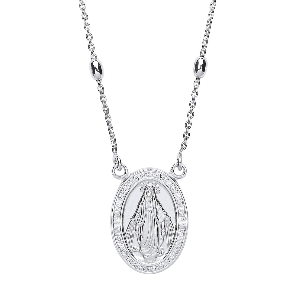 Silver  Religious Medallion Bead Necklace 16 inch - GVK288