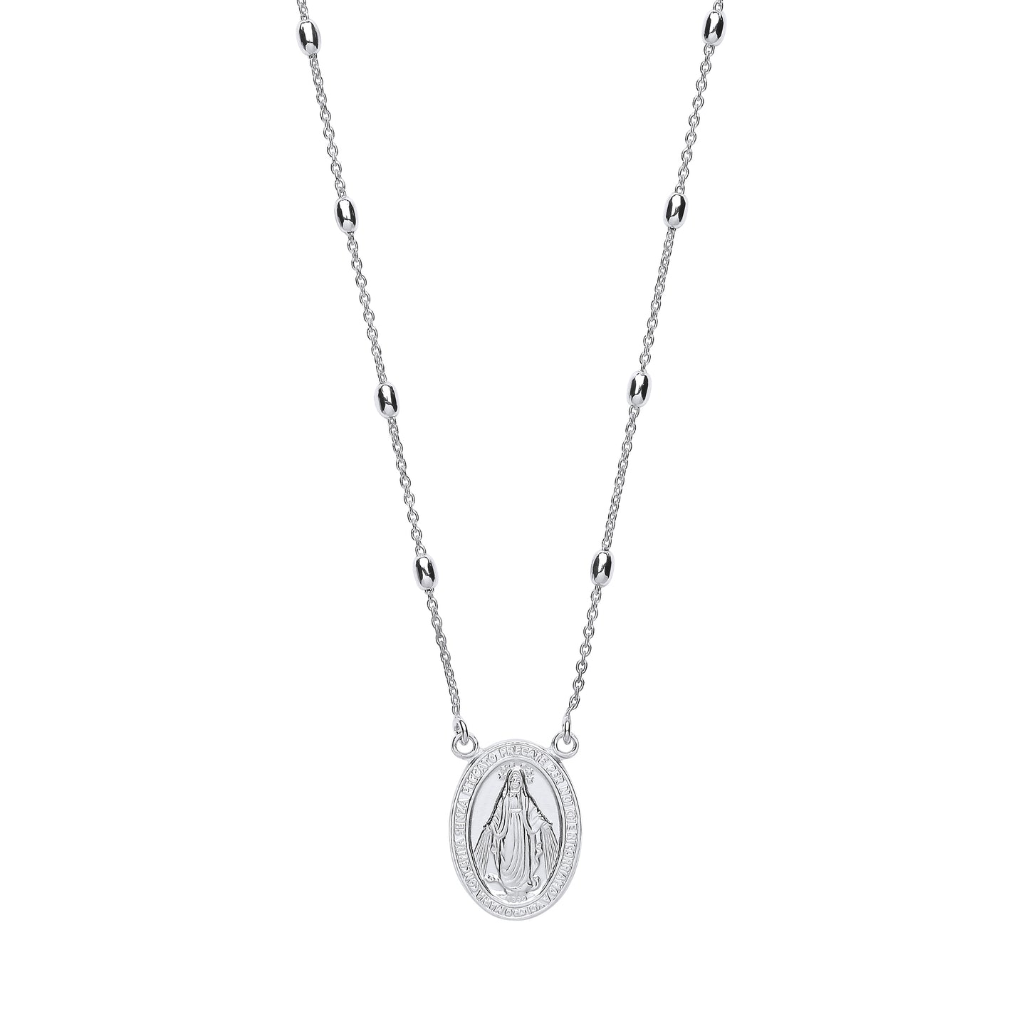 Silver  Religious Medallion Bead Necklace 16 inch - GVK288