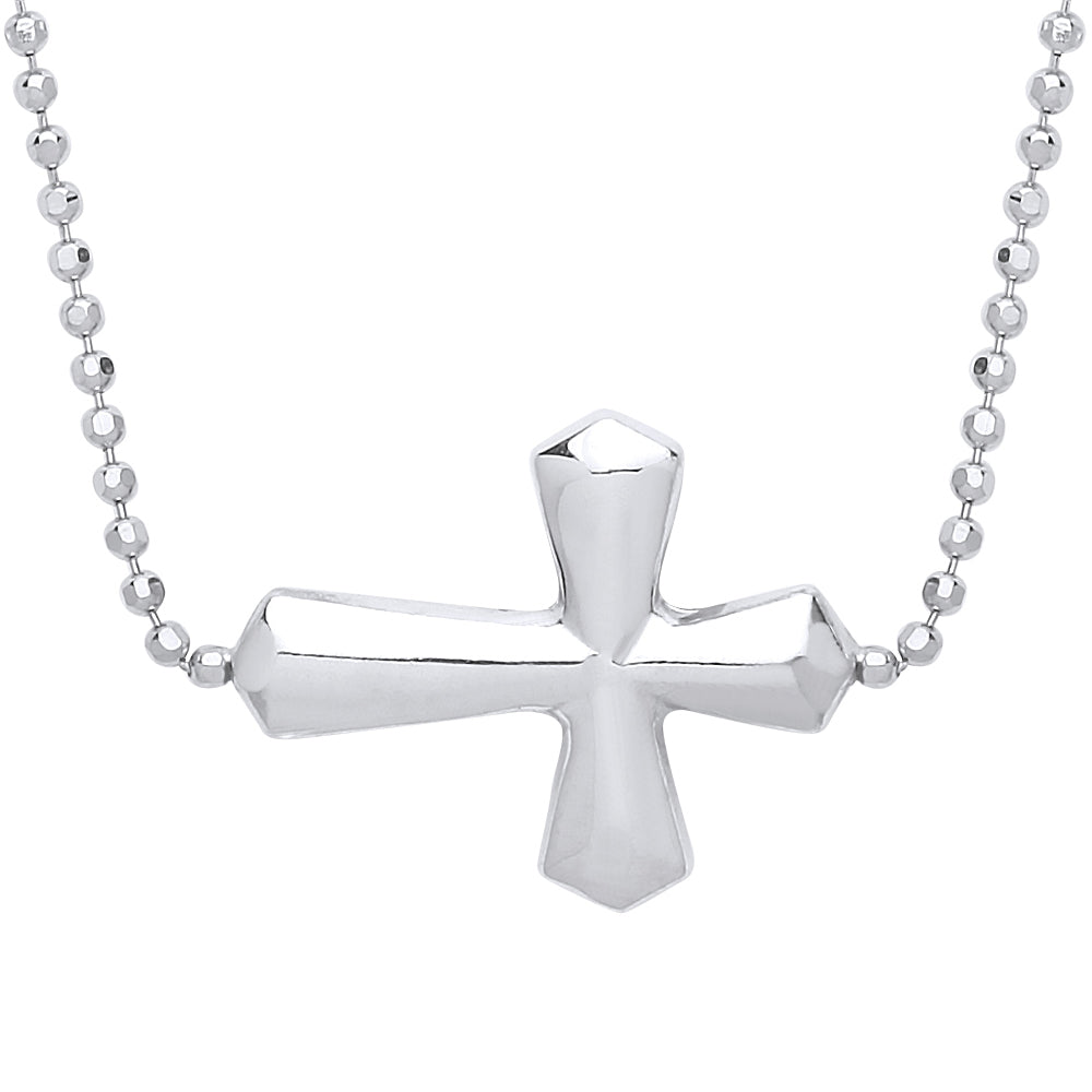 Silver  Sideways Cross Bead Necklace 16 inch - GVK289