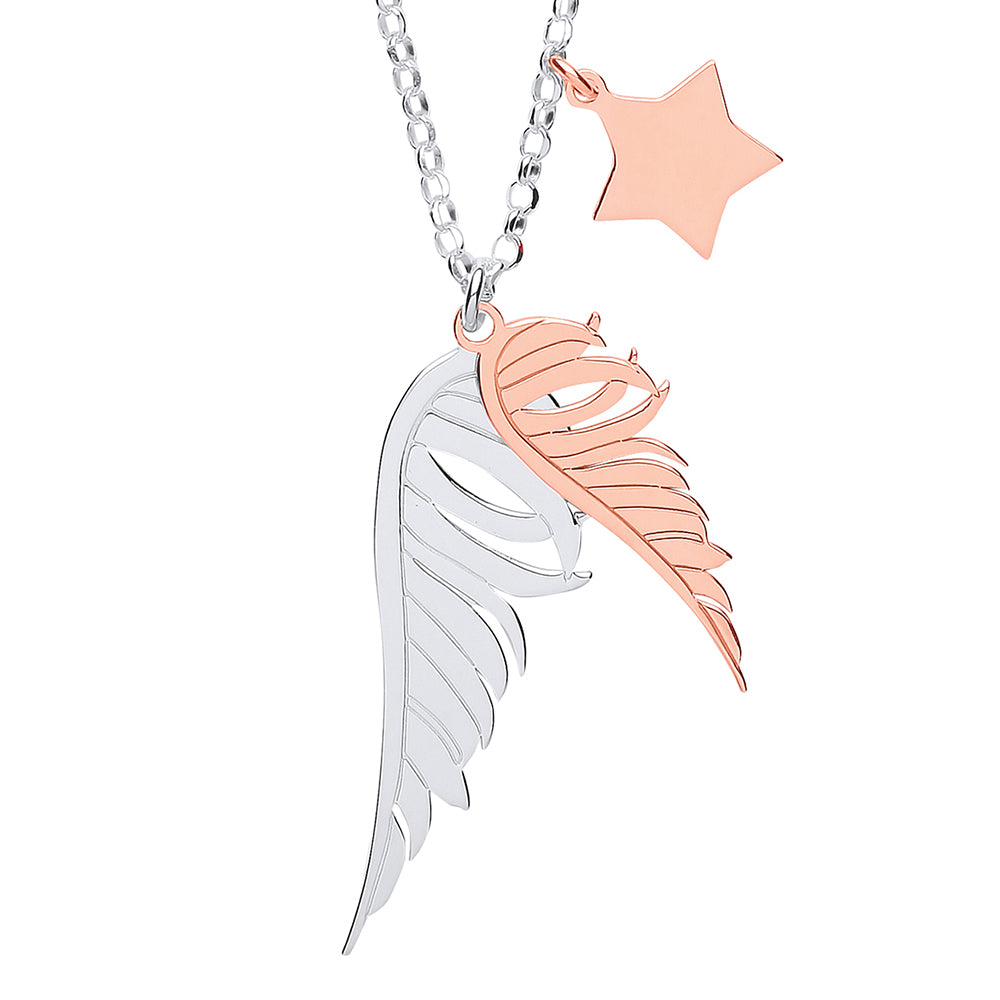 Rose Silver  Star Angel Wings Charm Necklace 16 inch - GVK292