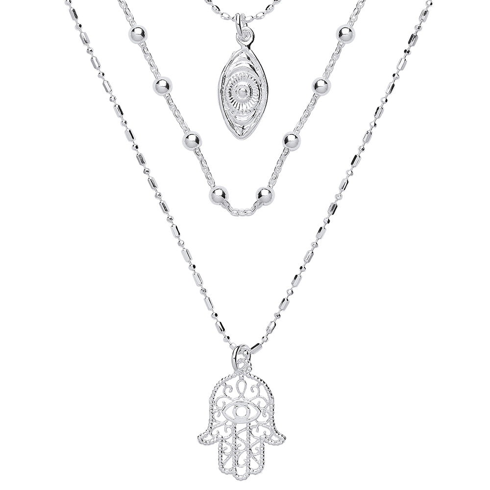 Silver  Hamsa & Anti Evil Eye Bead Necklace 16 inch - GVK293