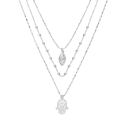 Silver  Hamsa & Anti Evil Eye Bead Necklace 16 inch - GVK293