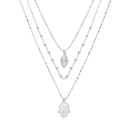 Silver  Hamsa & Anti Evil Eye Bead Necklace 16 inch - GVK293