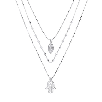 Silver  Hamsa & Anti Evil Eye Bead Necklace 16 inch - GVK293