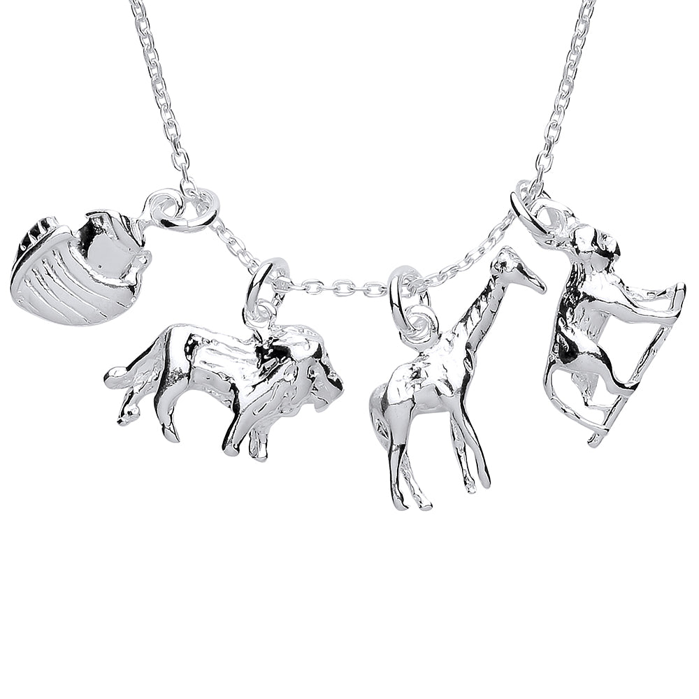 Silver  Noah's Ark Lion Giraffe Gorilla Charm Necklace 16 inch - GVK297