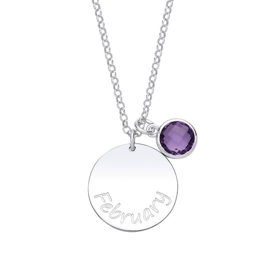 Silver  Purple CZ Birthstone February Round Tag Necklace 16" 20mm - GVK306AM