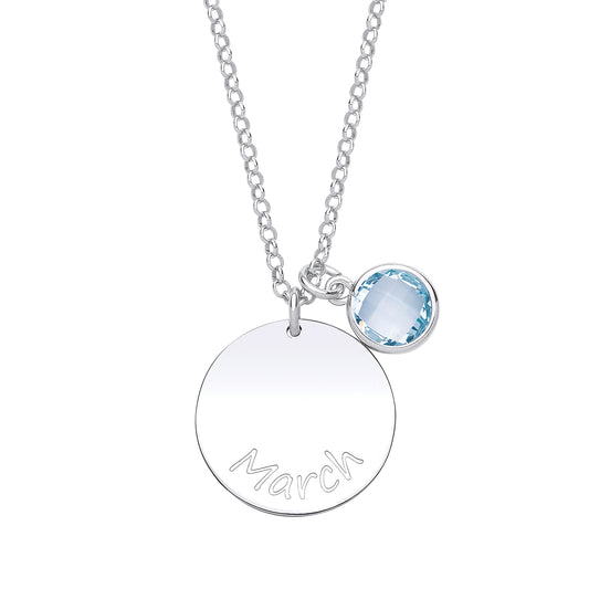 Silver  Light Blue CZ Birthstone March Round Tag Necklace 16" 20mm - GVK306AQ