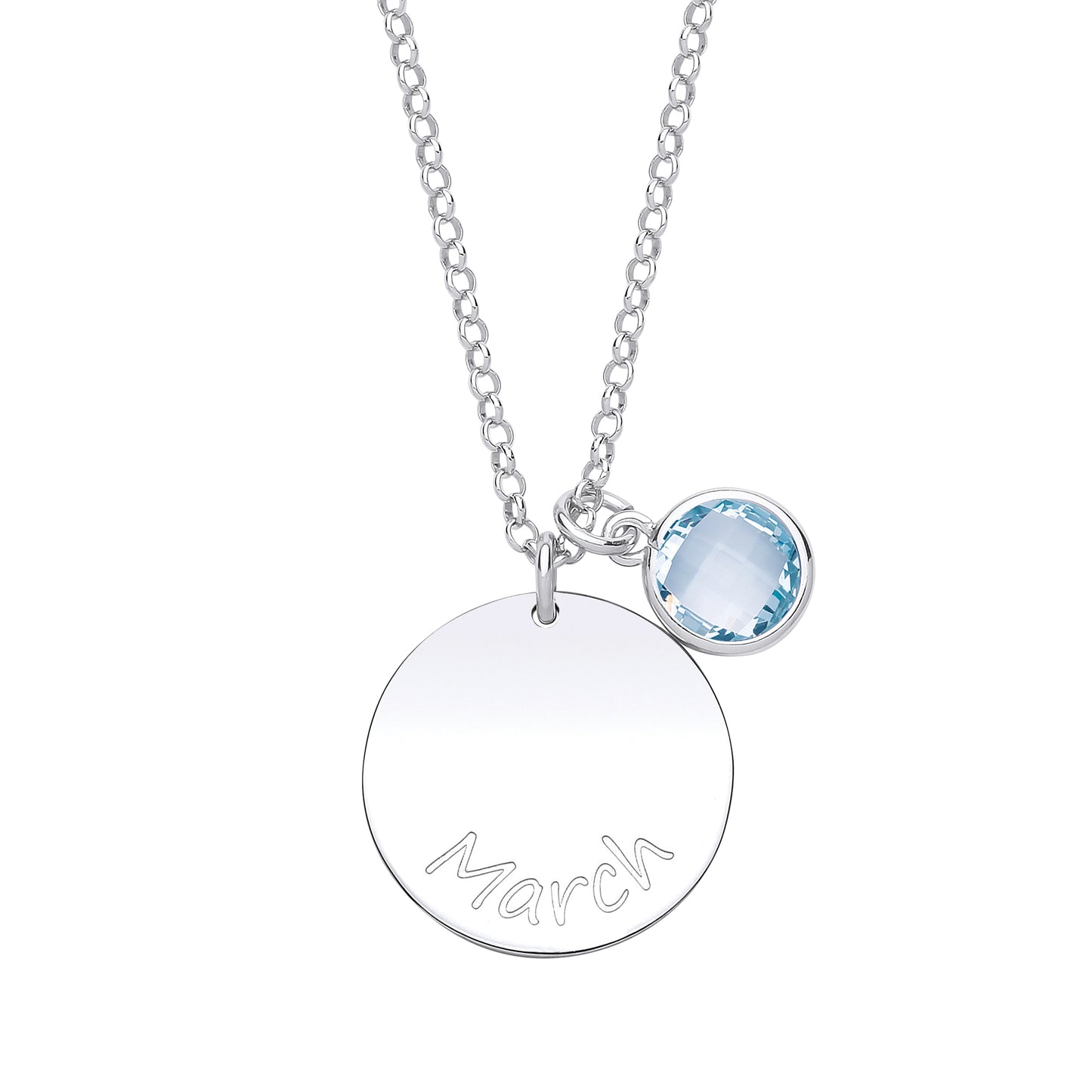 Silver  Light Blue CZ Birthstone March Round Tag Necklace 16" 20mm - GVK306AQ