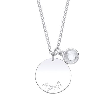 Silver  CZ Birthstone April Round Tag Necklace 16" 20mm - GVK306CRY