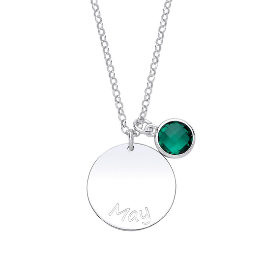 Silver  Green CZ Birthstone May Round Tag Necklace 16" 20mm - GVK306EM
