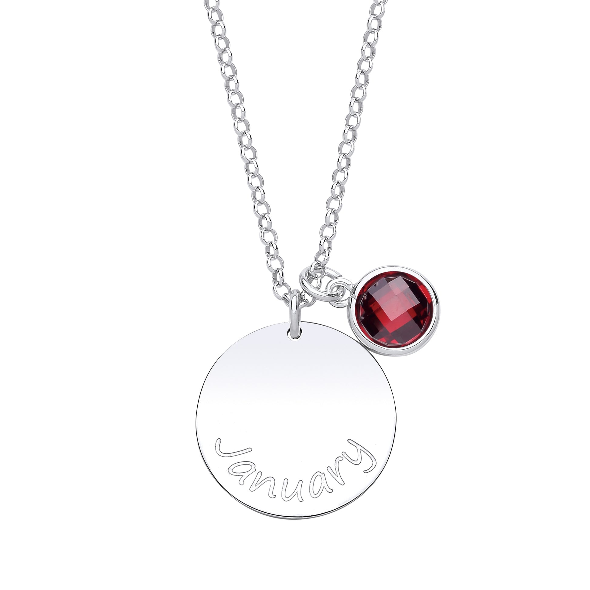 Silver  Dark Red CZ Birthstone January Round Tag Necklace 16" 20mm - GVK306GAR