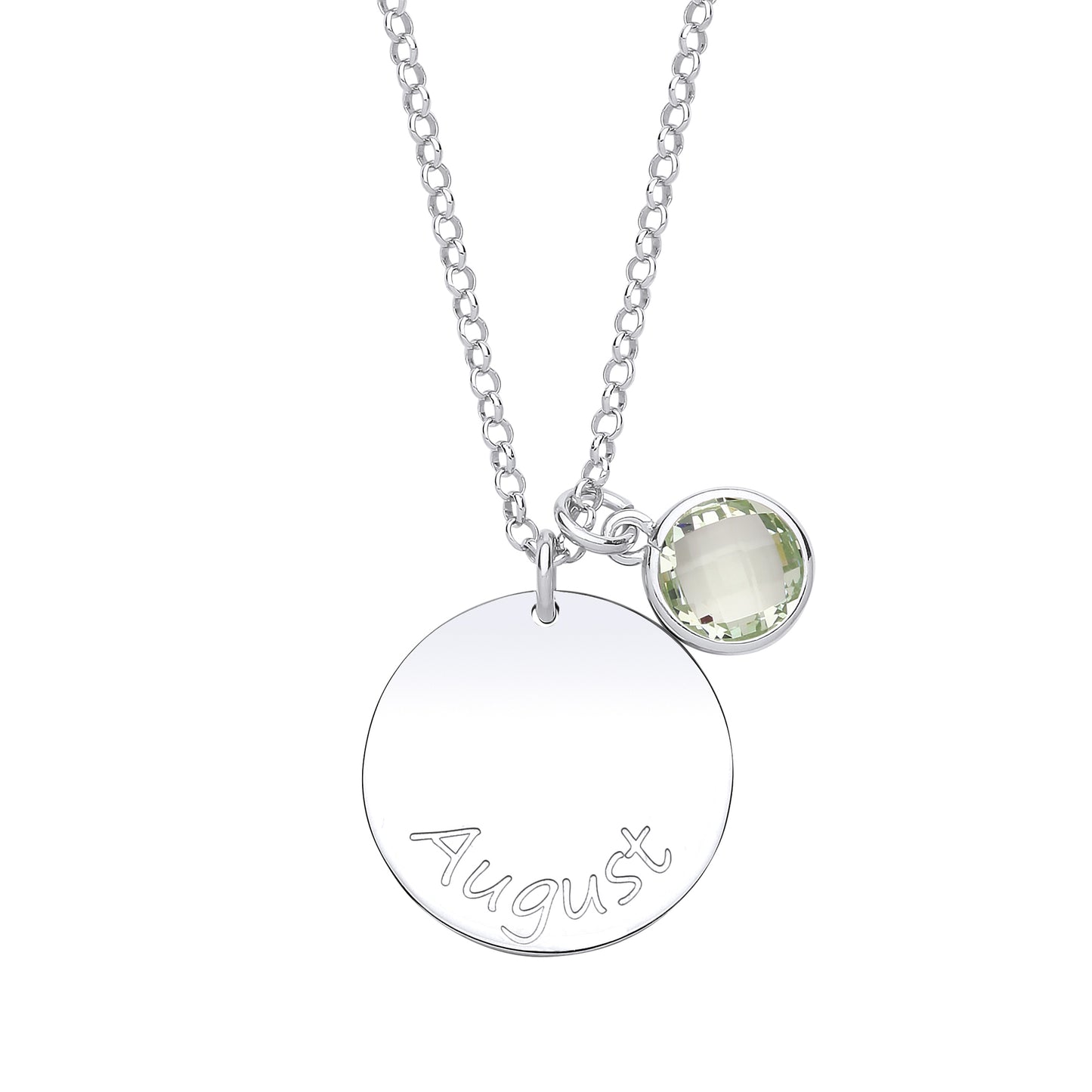 Silver  Lt. Green CZ Birthstone August Round Tag Necklace 16" 20mm - GVK306PER