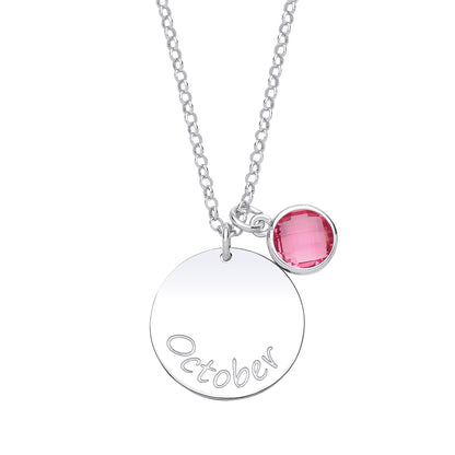 Silver  Pink CZ Birthstone October Round Tag Necklace 16" 20mm - GVK306PINK