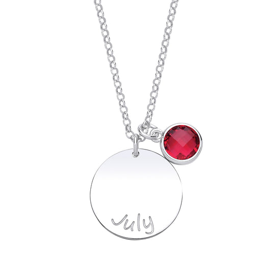 Silver  Red CZ Birthstone July Round Tag Necklace 16" 20mm - GVK306RUB