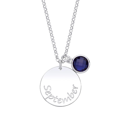Silver  Blue CZ Birthstone September Round Tag Necklace 16" 20mm - GVK306SAP