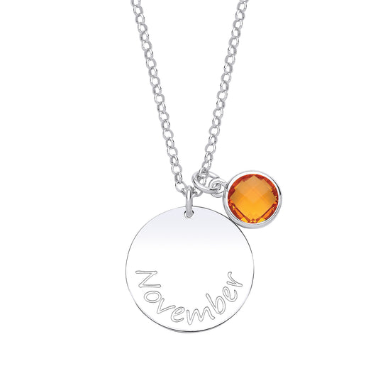 Silver  Orange CZ Birthstone November Round Tag Necklace 16" 20mm - GVK306TC