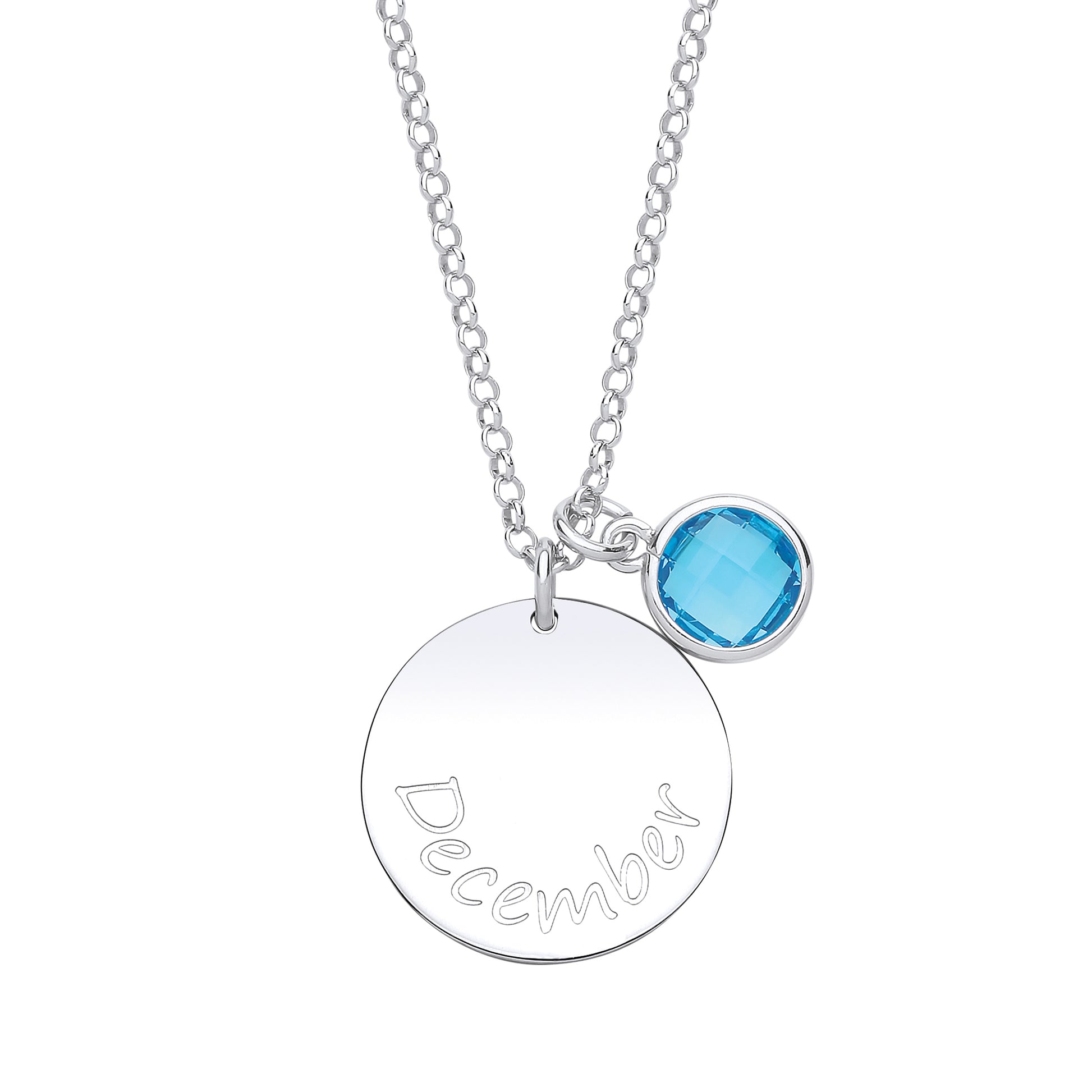 Silver  Aqua CZ Birthstone December Round Tag Necklace 16" 20mm - GVK306TZT