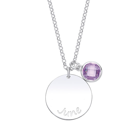 Silver  Lilac CZ Birthstone June Round Tag Necklace 16" 20mm - GVK306VIO