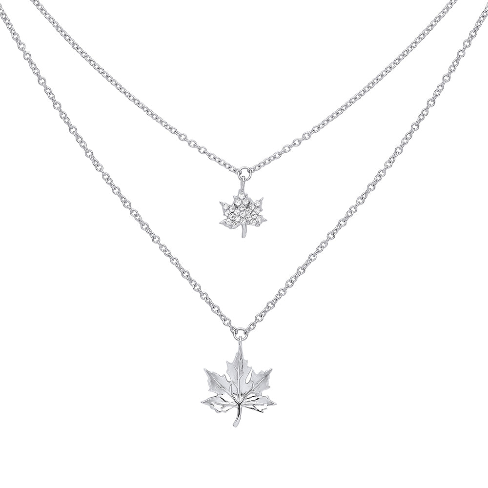 Silver  CZ Canada Maple Leaf Charm Necklace 16-18 inch - GVK307