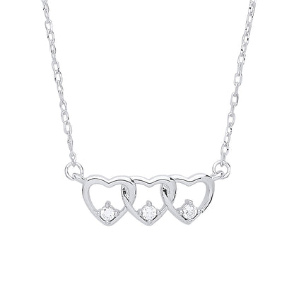 Silver  CZ Trilogy Love Hearts Charm Necklace - GVK312